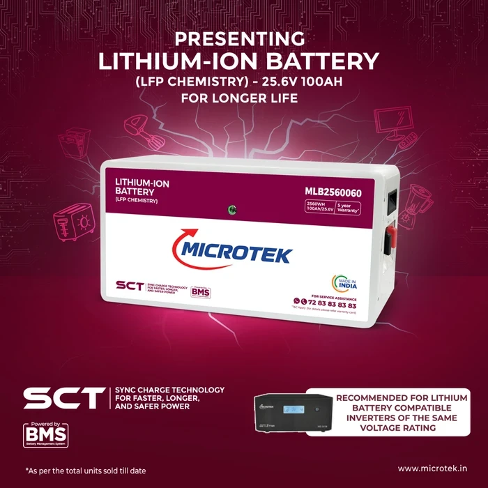 Microtek 25.6V 100Ah 2.56kWh Industrial LiFePO4 Lithium Battery | Smart BMS Controlled Prismatic Cell Deep Cycle Power Storage Block | MLB2560060