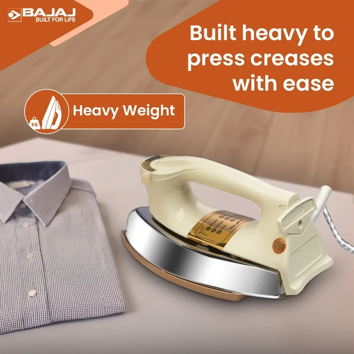 Bajaj 1000W Heavy Weight Dry Iron | DuraGlide German Non-Stick Soleplate, Denim Mode & 360-Degree Swivel Cord | Majesty DHX 9 - 440154