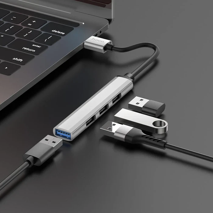 Hoco 4-in-1 Standard USB Hub Adapter | High-Velocity USB 3.0 & Triple USB 2.0 Port Matrix | 1TB Hard Drive Expansion Support | HB26 Silver