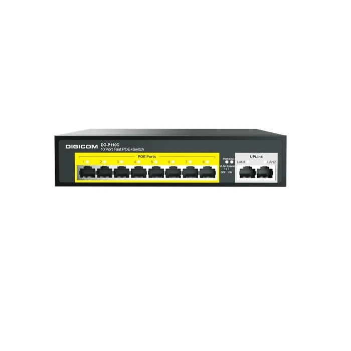 Digicom DG-P110C 10 Port POE Switch | 8 POE + 2 Uplink Logic | IEEE 802.3af/at High Performance System | 10 Ports