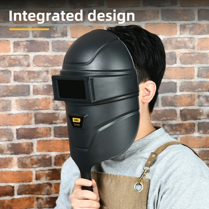 Deli Handheld Welding Mask (320x220x140mm) | High-Strength PP Face Shield with Integrated Ergonomic Handle & Tempered Glass Lens (Black) | EDL23900