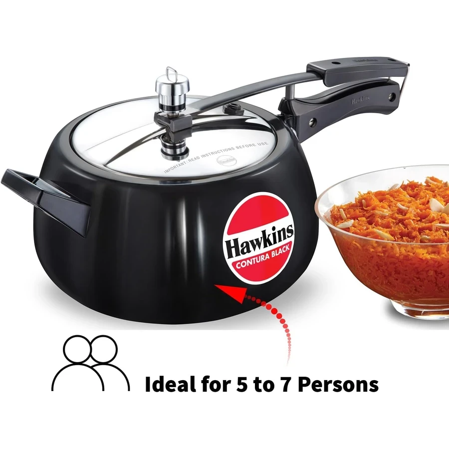 Hawkins Contura Black Pressure Cooker | Hard Anodised Body | Stainless Steel Lid | Rapid Heating Black Base | 1.5L to 5L