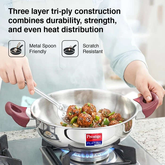 Prestige Platina Popular Stainless Steel Induction Base Kadai with Tempered Glass Lid (26 CM / 3.8L & 28 CM / 4.6L) | Gas & Induction Compatible - Model 36887 / 36888