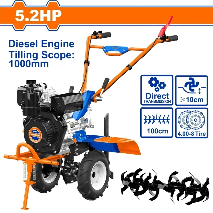 Wadfow 5.2HP 247cc Professional Diesel Power Tiller | Heavy-Duty Gear-Driven Cultivator with Nodular Cast Iron Case, 1000mm Tilling Scope & 32 Pcs Blades | WTL3A100