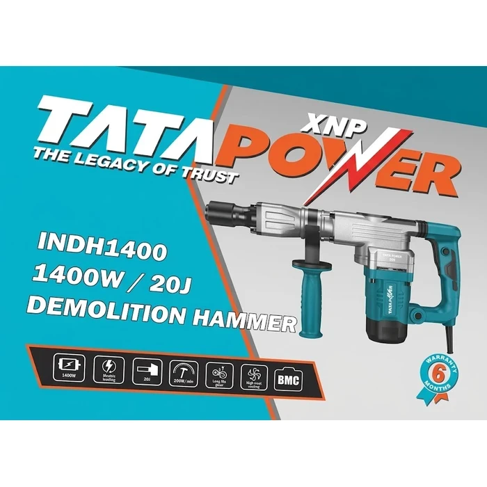 TATA POWER 1400W 30mm SDS-HEX Heavy-Duty Demolition Hammer | 65J Impact Energy 1950 BPM Concrete Breaker with Chisels & Spare Brushes | INDH1400