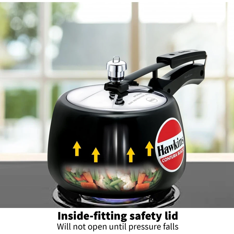 Hawkins Contura Black Pressure Cooker | Hard Anodised Body | Stainless Steel Lid | Rapid Heating Black Base | 1.5L to 5L