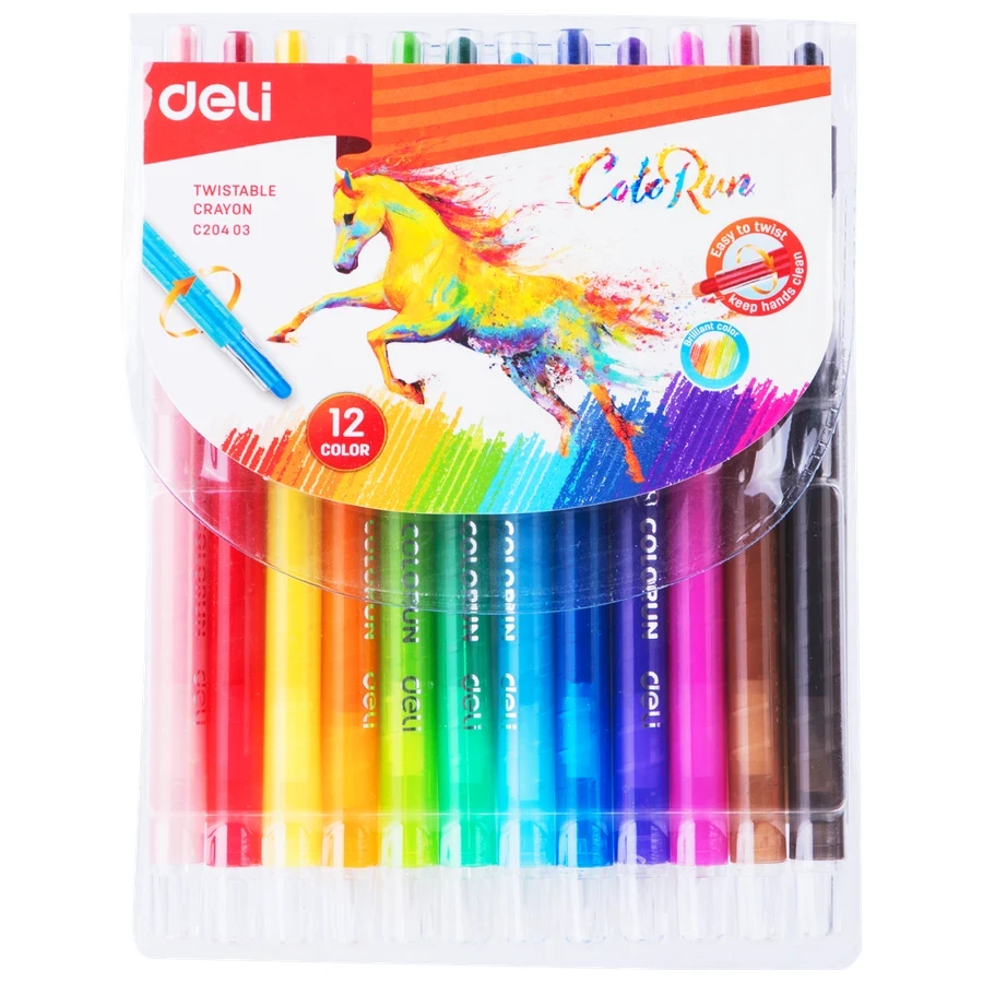Deli 12-Color Twistable Crayon Set | Easy Twist Mechanism, Clean Hands Round Barrel & Non-Toxic Wax | EC20403