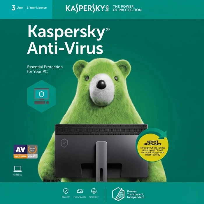 Kaspersky Anti-Virus 1-Year PC Security Software | Realtime Proactive Protection & Malware Spam Block Engine | CD & 365-Day Serial Key Retail Box Pack | 1-User / 3-User