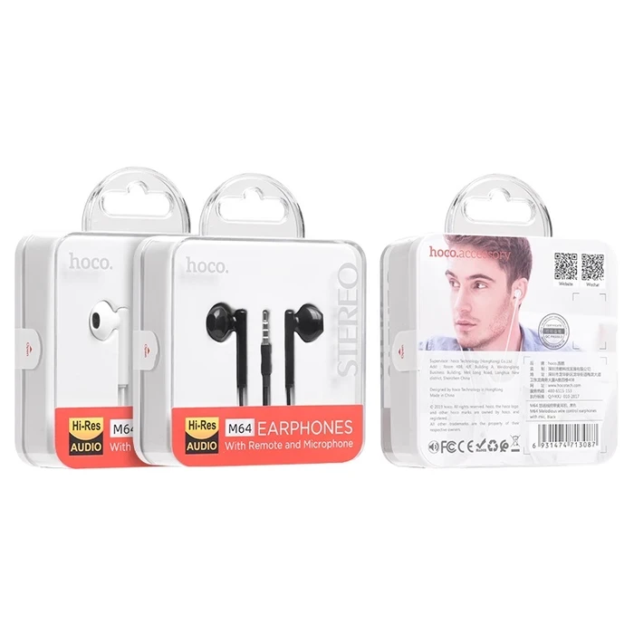 HOCO Melodious Wire Control Earphone with Mic | 14mm Driver | Volume Adjustment | Black, White Finish | M64