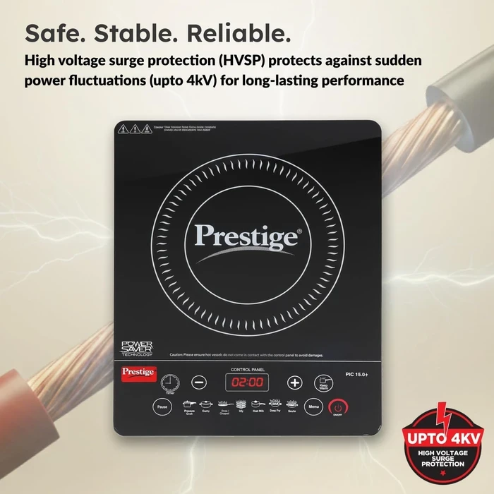 Prestige PIC 15.0+ 1900W Induction Cooktop with Automatic Voltage Controller | Feather Touch Glass Top Countertop Stove - Model 41958