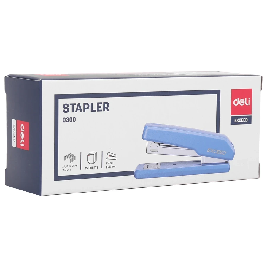 Deli 25-Sheet Desktop Stapler | Rotatable Anvil for 24/6 & 26/6 Staples with Ergonomic Body (Blue) | E0300