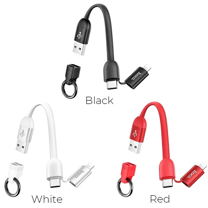 Hoco Cool 2 - In - 1 Silicone Cable | 2.4A Power Logic | USB to Lightning & Type-C | Black, Red & White U87