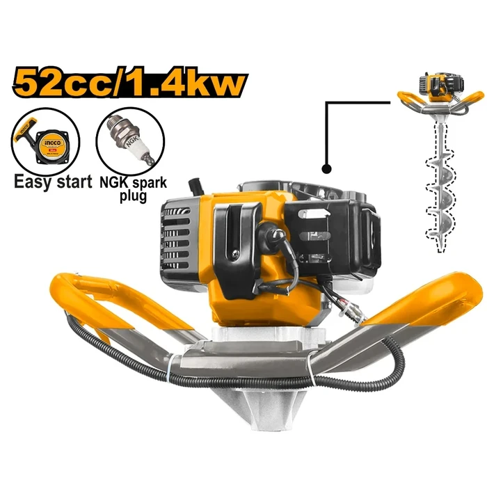 INGCO 52cc 1.4kW 2-Stroke Gasoline Earth Auger Post Hole Digger (0–265 RPM, 1200ml Tank, Double-Deck PUR Hose) with Φ150mm x 80cm Drill Bit | GEA55221-1 / GEA55221-2