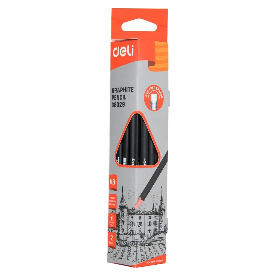 Deli 12-Pack Triangular Graphite Pencils | Break-Resistant Strong Lead | Ergonomic Grip | E38029