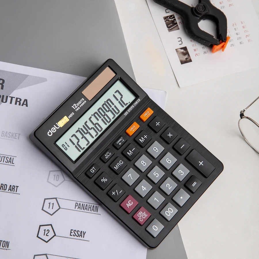 Deli 12-Digit Commercial Desktop Calculator | Accurate 120 Steps Check & Correct with Solar and Battery Dual Power (Black) | EM01320