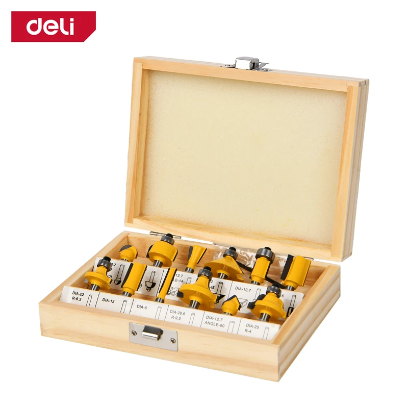 Deli 12-Piece Professional 6mm Shank TCT Woodworking Router Bits Set | Comprehensive Edge Profiling Kit with Straight, Chamfer, Round Over & V-Groove Bits in Wooden Case (Yellow) | EDH-MXD006-EH1