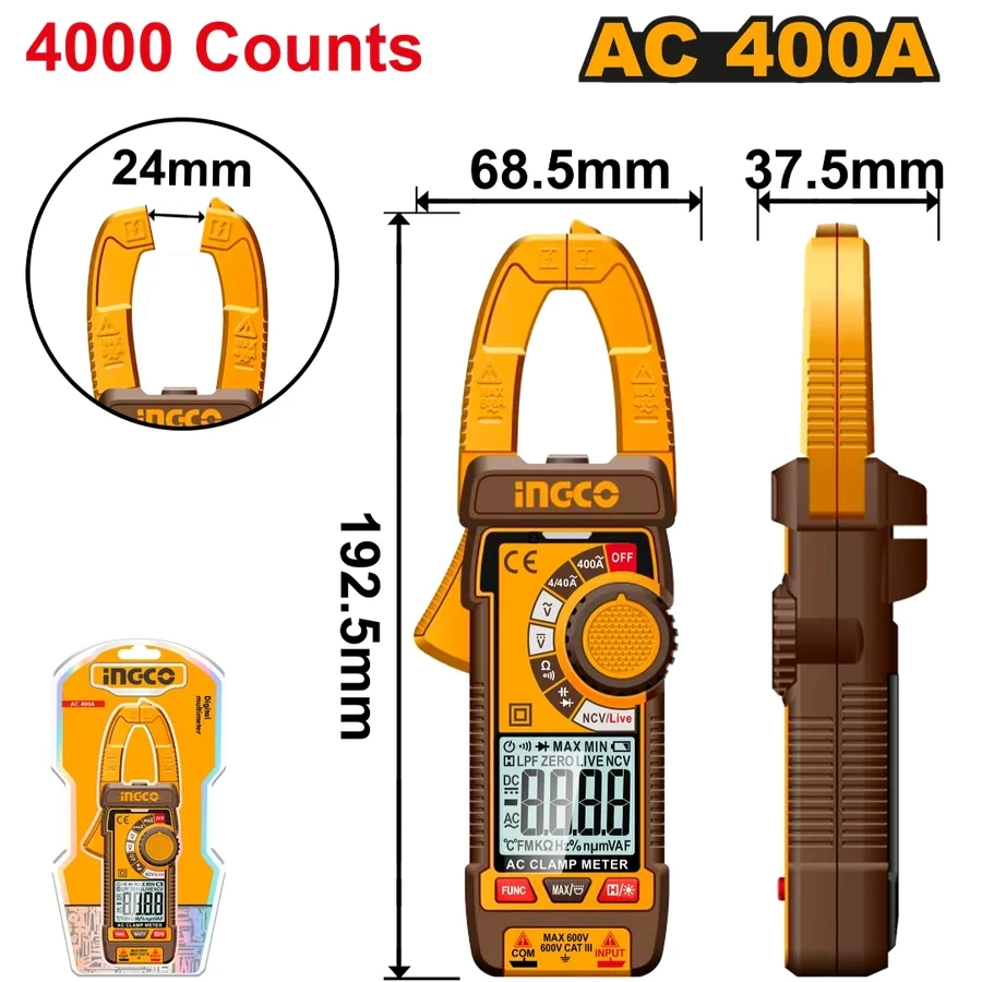 INGCO True RMS Digital AC Clamp Meter (4000 Counts) | NCV Detector, Capacitance & Frequency Tester with LED Worklight | DCM62001
