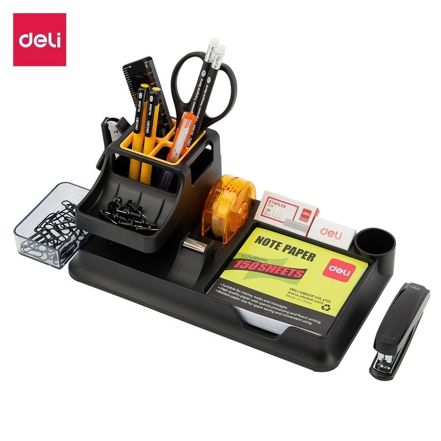Deli 360° Rotary Desktop Organiser Set (260mm) | 7 Storage Compartments with 16 Office Stationery Accessories (Black) | E38252A