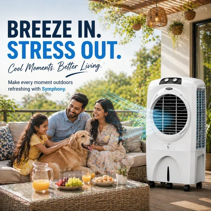 Symphony Mastercool 70XL+ Large Room Air Cooler | 70L Tank Capacity High-Efficiency Honeycomb Media | 185W Energy Saving Fan Covers 43m² CFD Technology Auto Louver Wide Air Spread