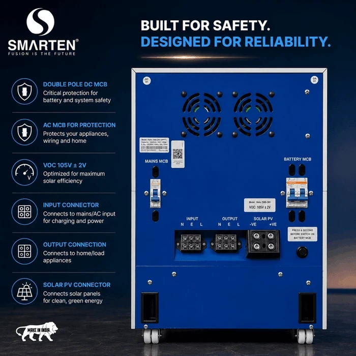 Smarten Helio Series 2500VA 25.6V Pure Sine Wave Wall-Mount Solar PCU with Inbuilt 100Ah (2.56 kWh) LiFePO4 Battery, MPPT Charger & DSP Control | HELIO 2500