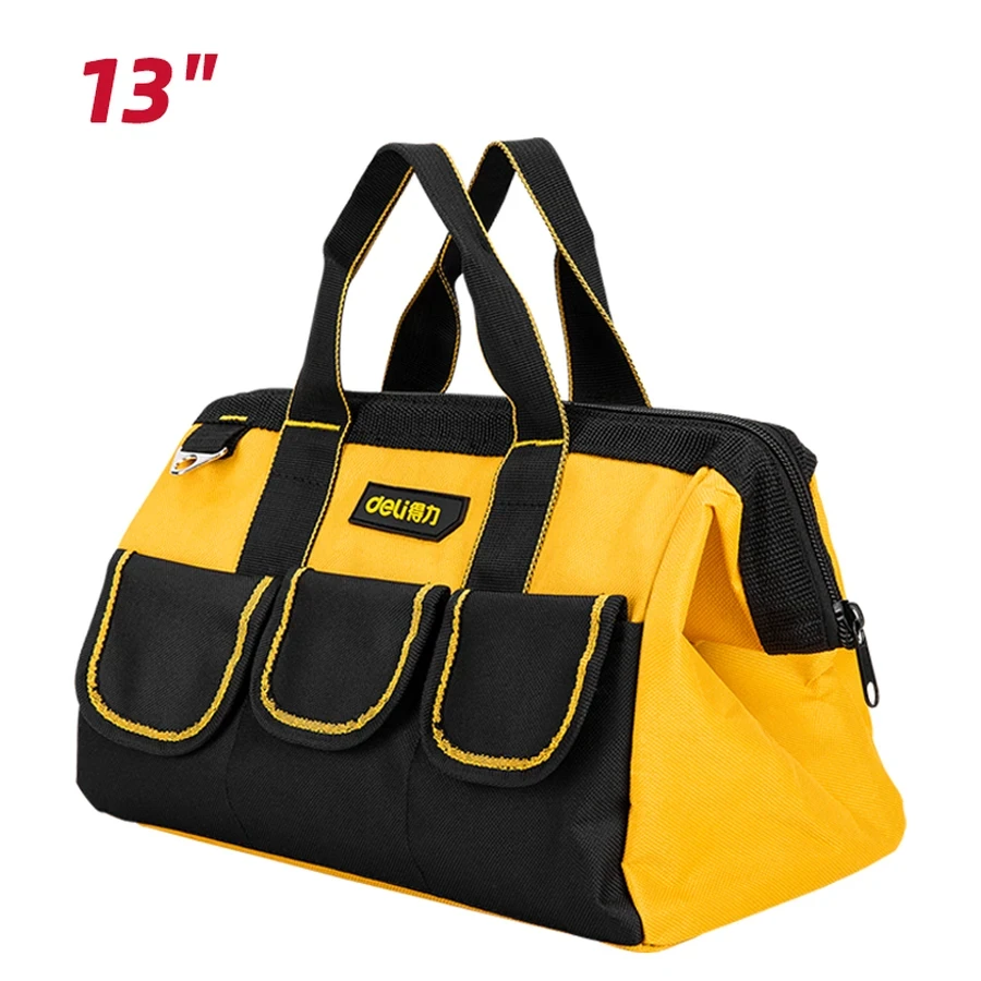 Deli 13" Professional Compact Tool Bag | Abrasion-Resistant Oxford Cloth Wide-Mouth Organizer with Reinforced Steel Frame & Multifunctional Pockets (Yellow) | EDL430013