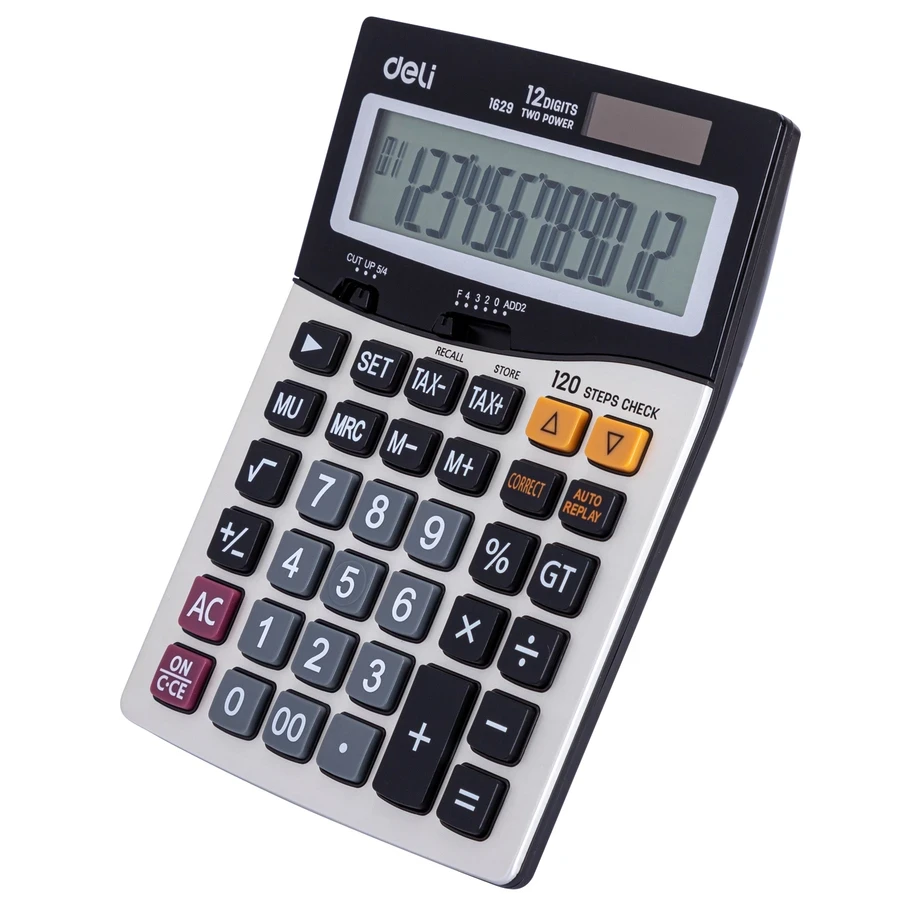 Deli 12-Digit Professional Desktop Calculator | Tax Function (Tax+/Tax-), 120 Steps Check & Correct, Metal Finish (Silver) | E1629