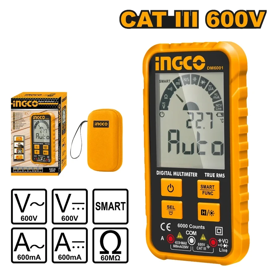 Professional True RMS 6000-Count Precision Digital Multimeter | NCV Sensor, Temperature Probe & Backlit LCD Display | DM6001