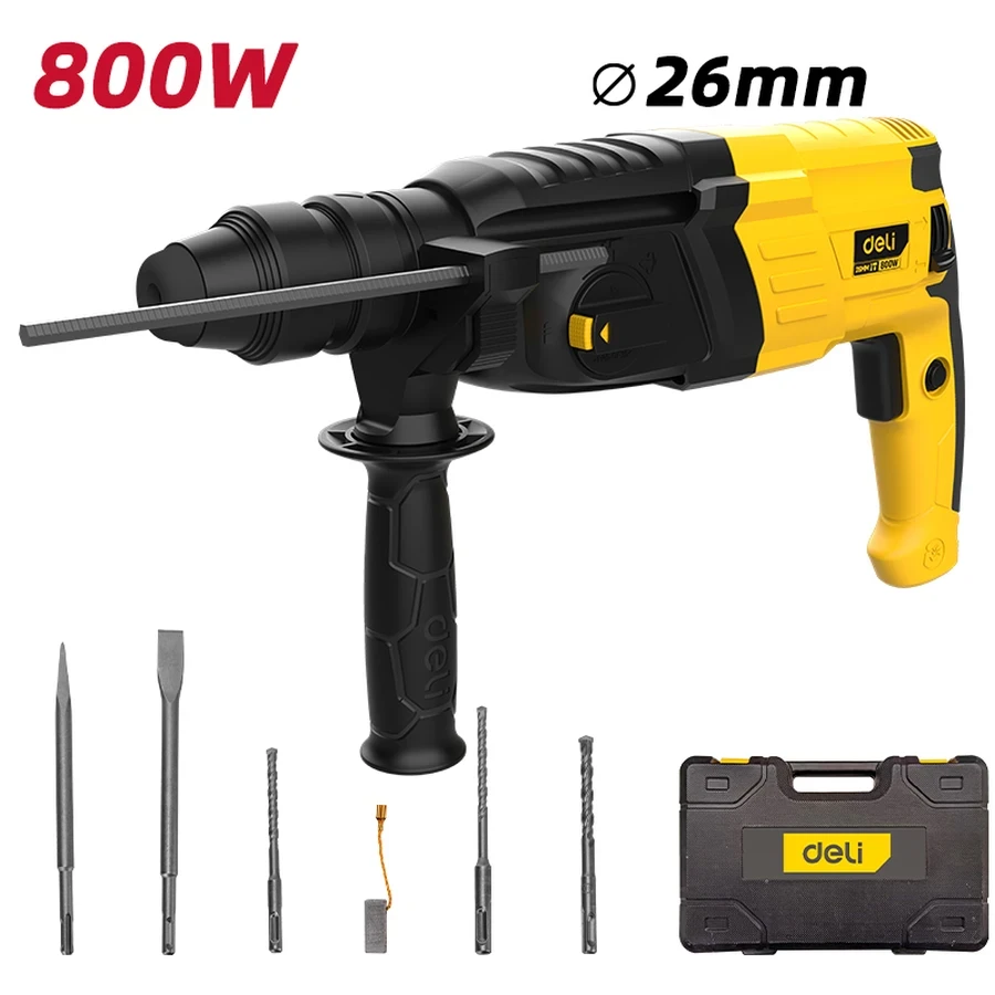 Deli 800W SDS-Plus Professional 3-Mode Rotary Hammer Drill (3J Impact Energy) | Heavy-Duty 26mm Concrete Hammer & Chisel Demolition Machine (Yellow) | EDL-DC26-E1