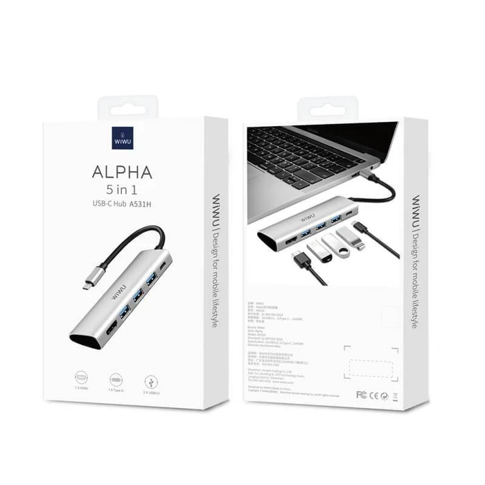 WIWU Alpha 5-in-1 USB-C Hub | Triple USB 3.0 & 4K HDMI Matrix | Type-C Data Interface | Grey | A531H