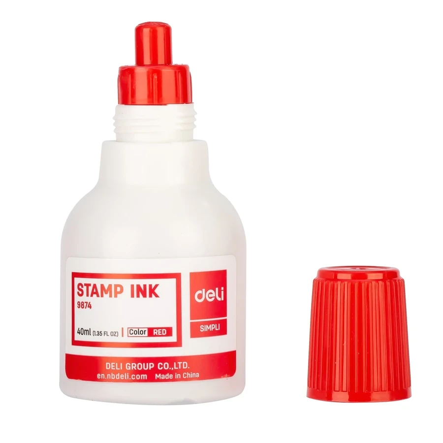 Deli Fast Dry Stamp Pad Refill Ink (40 ml, Red) | High-Quality Quick-Drying Stamping Ink in Poly Bottle | E9874