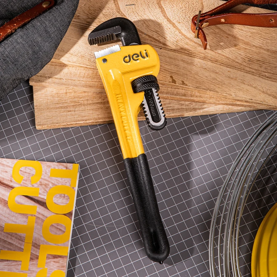 Deli 12" Professional Ductile Cast Iron Industrial Pipe Wrench | Heavy-Duty High-Hardness Plumbing Wrench with Precision Worm Gear & Anti-Slip Grip | EDL2512 (Yellow/Black)