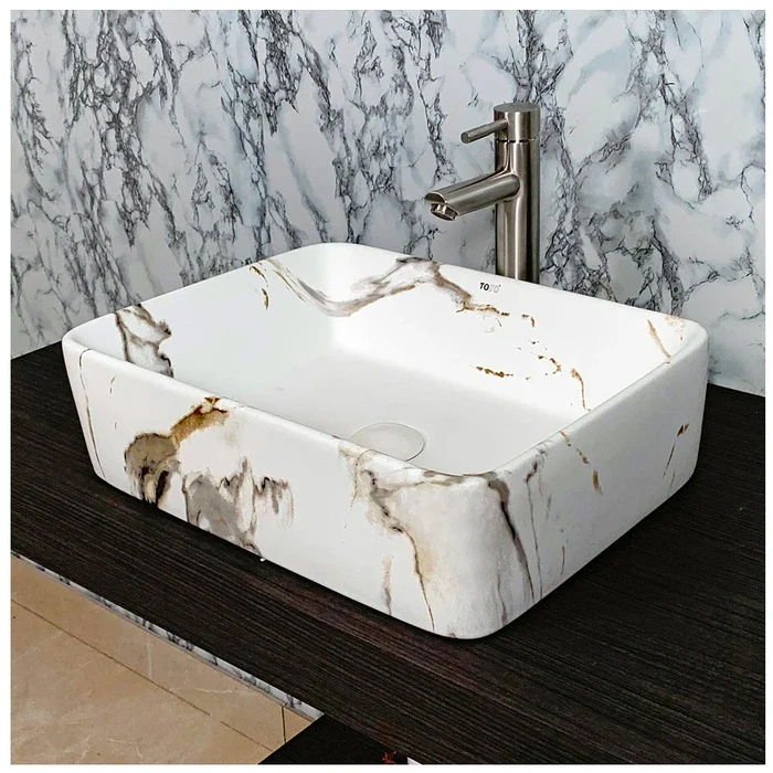 Toyo Car-393 Ceramic Countertop Art Basin 14.5"x19" | White Marble Matt Premium Finish | Stain Resistant Easy to Clean Bathroom Wash Basin | 480x370x130mm