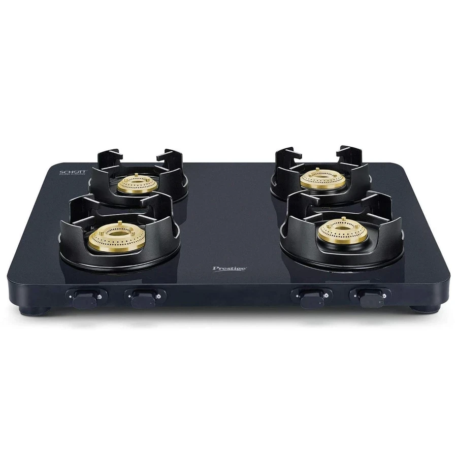 Prestige PEBS 04 4-Burner Ultra-Slim Toughened Glass Gas Stove | 6mm Black Glass Top with Tri-Pin Brass Burners & Spill-Proof Design - Model 40288