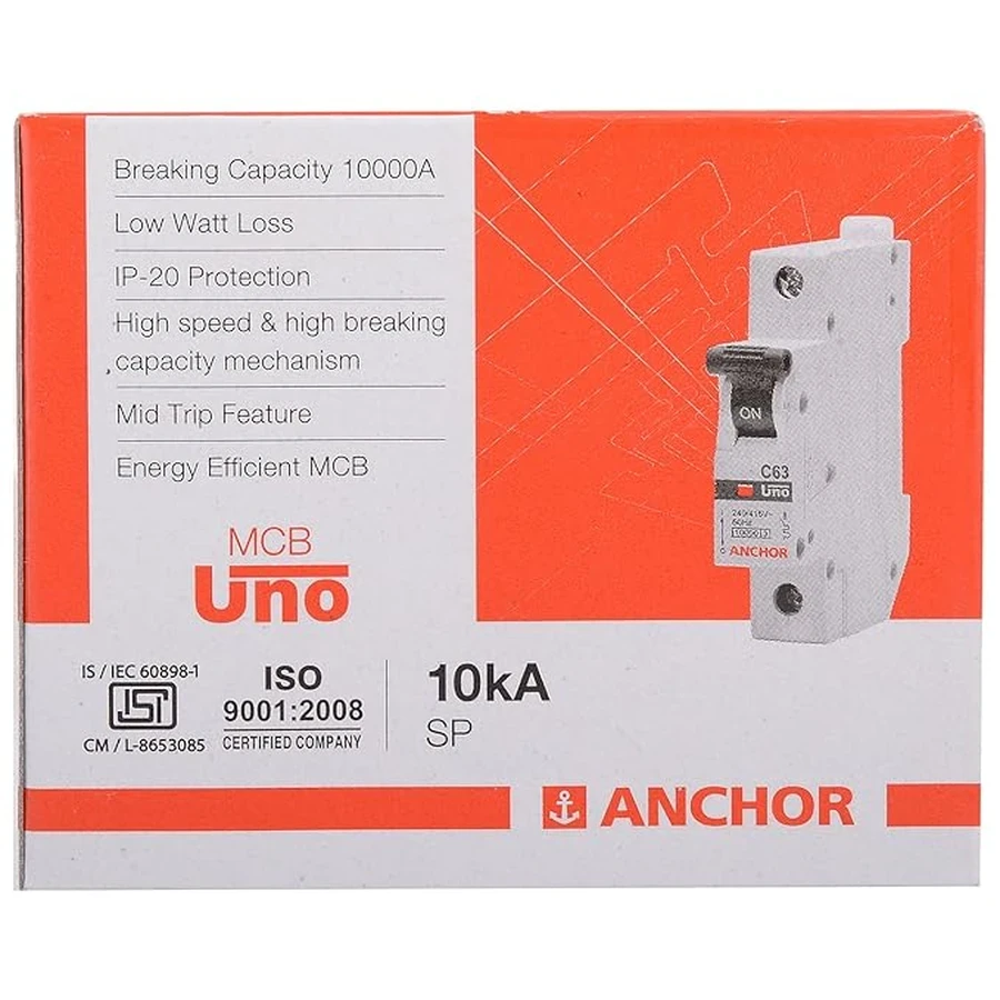 Anchor UNO SP MCB 6A 'C' Curve 98001 - Single Pole, DIN Rail Mount, Standard Circuit Breaker for Low-Current Circuits