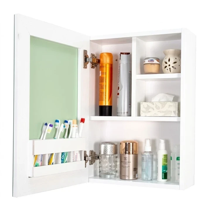 TOYO 18x24 Inch White Waterproof PVC Bathroom Mirror Storage Cabinet | Double-Coated Silver Mirror Door with Marine-Grade SS 304 Soft-Close Hinges | TOYO-4561