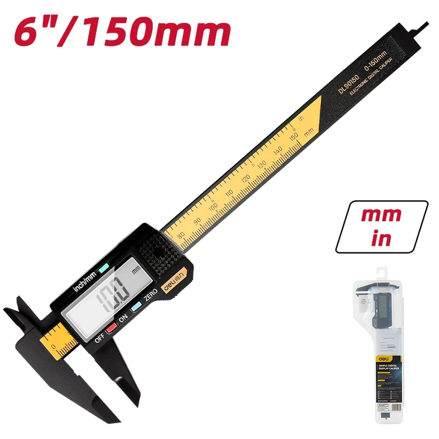 Deli 150mm (6") Carbon Fiber Composite Digital Vernier Caliper | Lightweight ABS Non-Marring LCD Measuring Tool with One-Touch Metric/Inch Switch | EDL90150