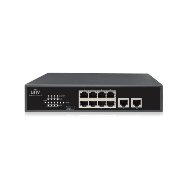 UNV 8-Port Gigabit Unmanaged PoE Switch with 120W Budget, 2 Gigabit Uplinks & 250m Extend Mode | NSW2010-10GT-POE-IN