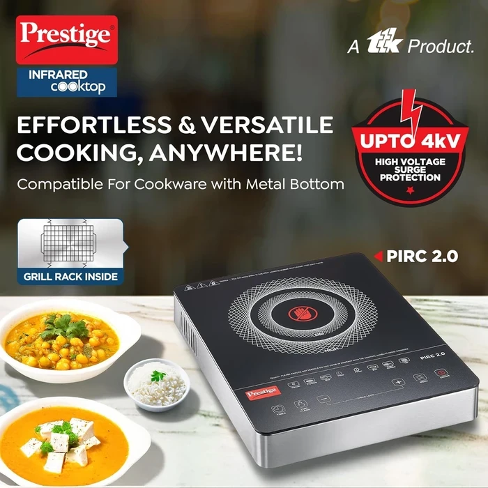 Prestige PIRC 2.0 2000W Infrared Cooktop with Grill Rack | Universal Cookware Compatible Radiant Countertop Stove - Model 42324