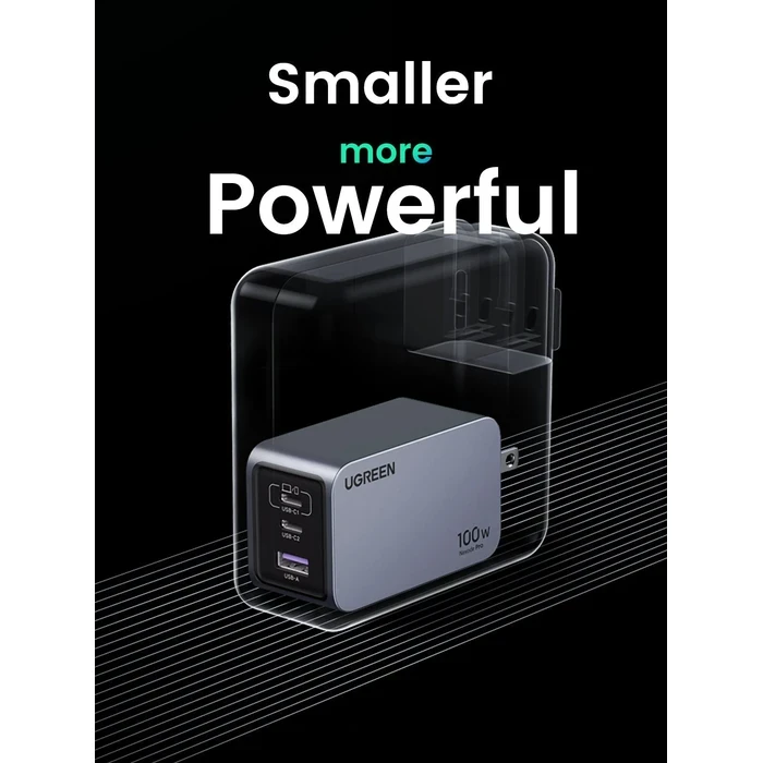 UGREEN Nexode Pro 100W 3-Port GaN Fast Charger | 2x USB-C & 1x USB-A PD 3.0 / PPS Ultra-Slim High-Speed Power Adapter (US Plug) | Nexode Pro Series