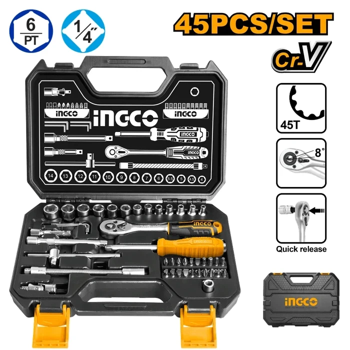 INGCO 45-Piece 1/4" Drive Socket & Bit Set | 50BV30 Cr-V Steel 45T Ratchet with 4-14mm Metric Sockets & Flexible Extension | HKTS14451