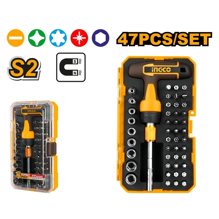 INGCO 47 Pcs T-Handle Reversible Ratchet Screwdriver & 1/4" Metric Socket Set (35 Bits, 9 Sockets, 139mm Bit Holder & Adaptor) | HKSDB0478