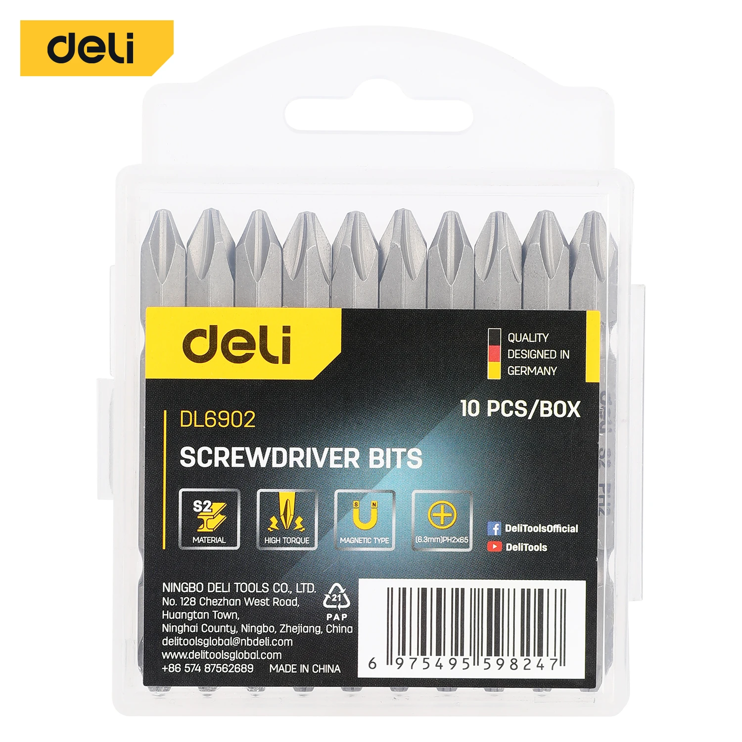 Deli 10-Piece PH2 x 65mm S2 Steel Magnetic Screwdriver Bit Set | High-Torque (+20% Strength) Double-Ended Hex Bits with Sandblasted Finish (Silver) | EDL6902