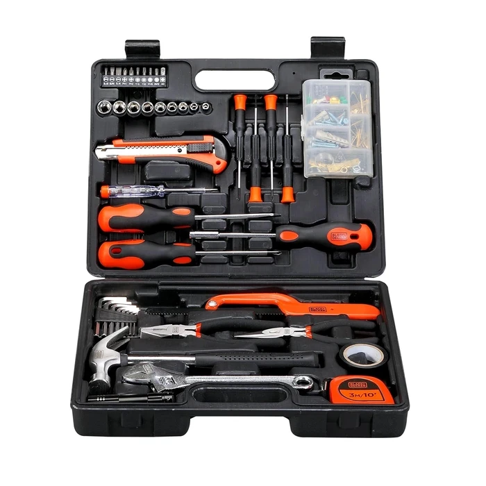BLACK+DECKER 126-Piece Multi-Purpose Hand Tool Kit | Claw Hammer, Pliers, Wrench, Screwdriver Bits & Voltage Tester in Blow-Molded Case | BMT126C