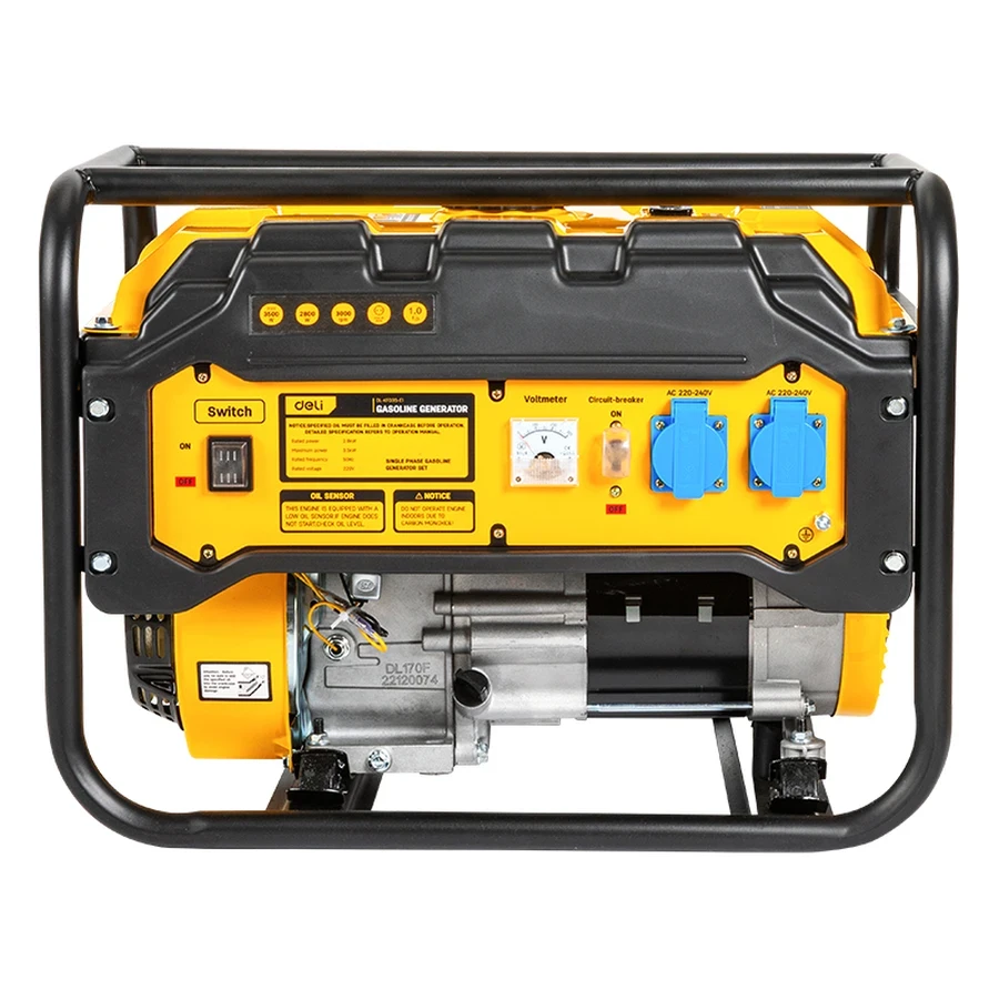Deli 3.5kW Max (2.8kW Rated) 4-Stroke OHV Gasoline Generator | Pure Copper Wire Motor 15L Fuel Tank Air-Cooled Generator with Protective Steel Roll Cage (Yellow) | EDL-KFD35-E1