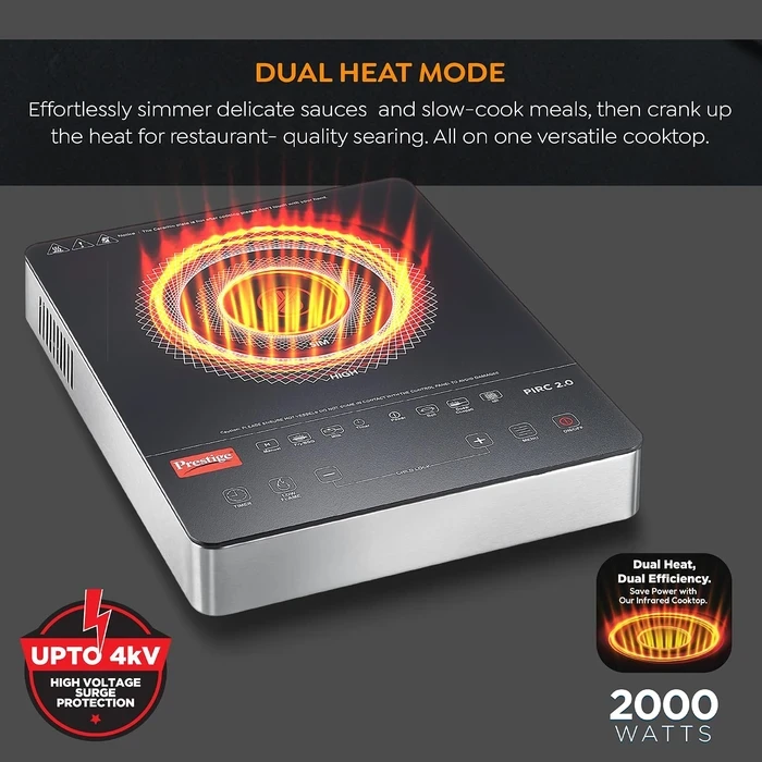 Prestige PIRC 2.0 2000W Infrared Cooktop with Grill Rack | Universal Cookware Compatible Radiant Countertop Stove - Model 42324