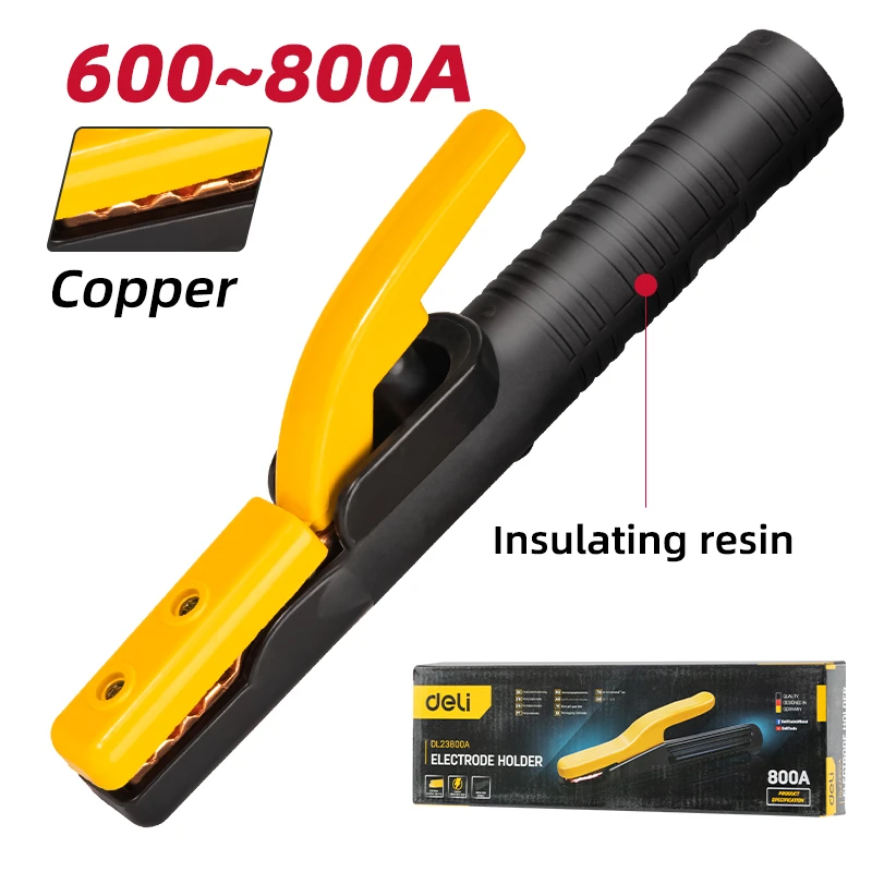 Deli 800A Heavy-Duty Red Copper Head Electrode Holder | Heat-Resistant DMC Insulated Handle for 6.3mm–10.0mm Heavy Electrodes (Yellow) | EDL23800A