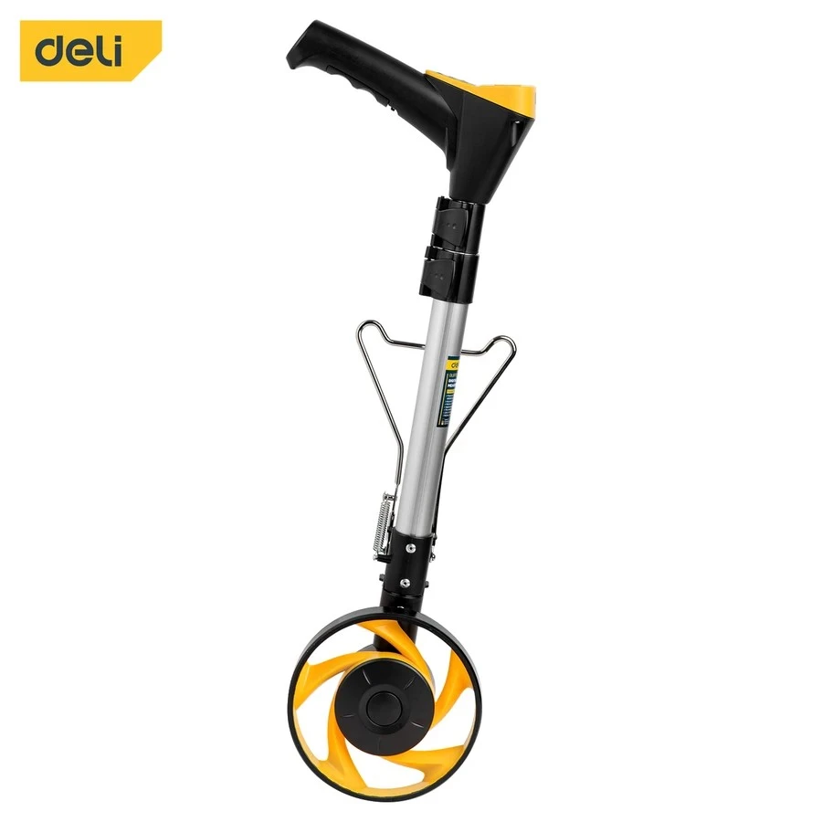 Deli 150mm (6") Digital Distance Measuring Wheel | Metric/Imperial Electronic Survey Meter with Large Backlit LCD, 5 Data Memory & 3-Stage Folding Handle | EDL9713 (Yellow)