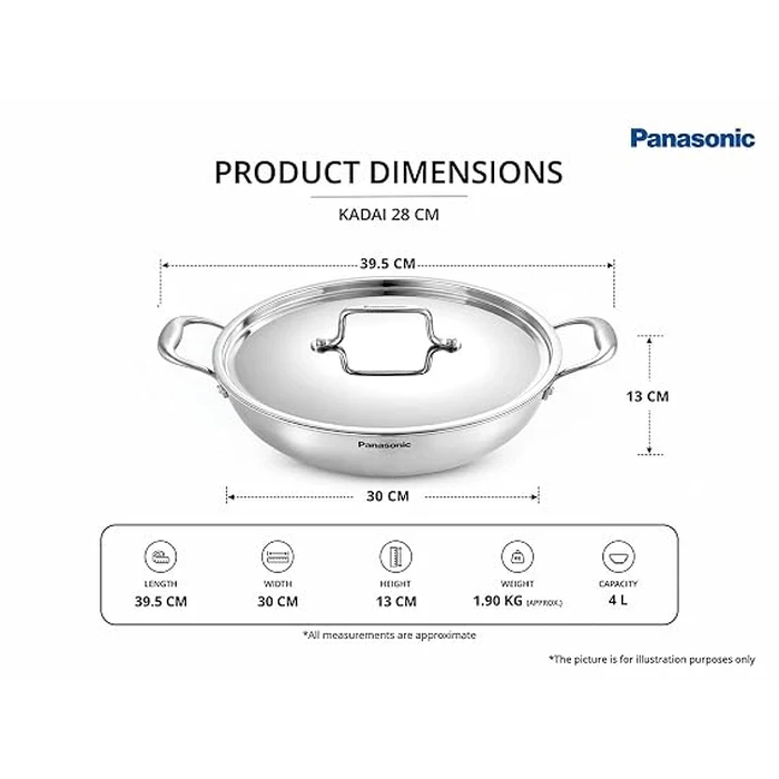 Panasonic Triply Stainless Steel Induction Base Kadai with Stainless Steel Lid (1.5L to 4.8L / 20cm to 30cm) | Fast Uniform Heating Multi-Cooktop Compatible - ND-KA Series