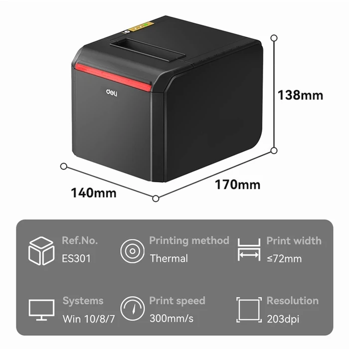 DELI 3.0" High-Speed Desktop Direct Thermal Receipt Printer | 300mm/s 203 DPI Auto Metal Cutter USB Serial & Cash Drawer Port | ES301