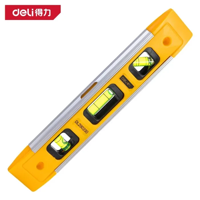 Deli 230mm Magnetic Torpedo Spirit Level | 3 High-Visibility Angle Vials in Heavy-Duty Aluminum & ABS Plastic Lightweight Frame | EDL290230